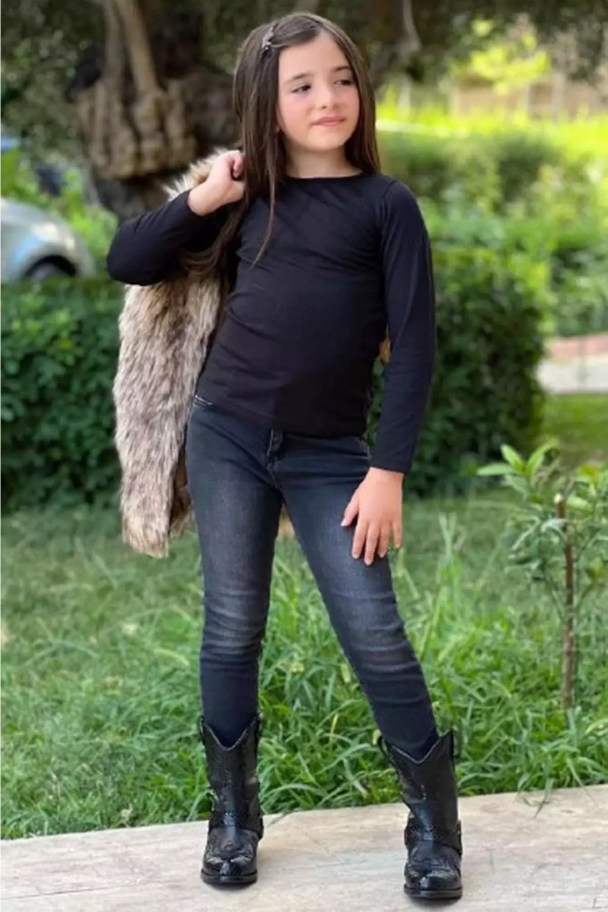 Girl Child Lady Fur Coat Black Bottom Top Set