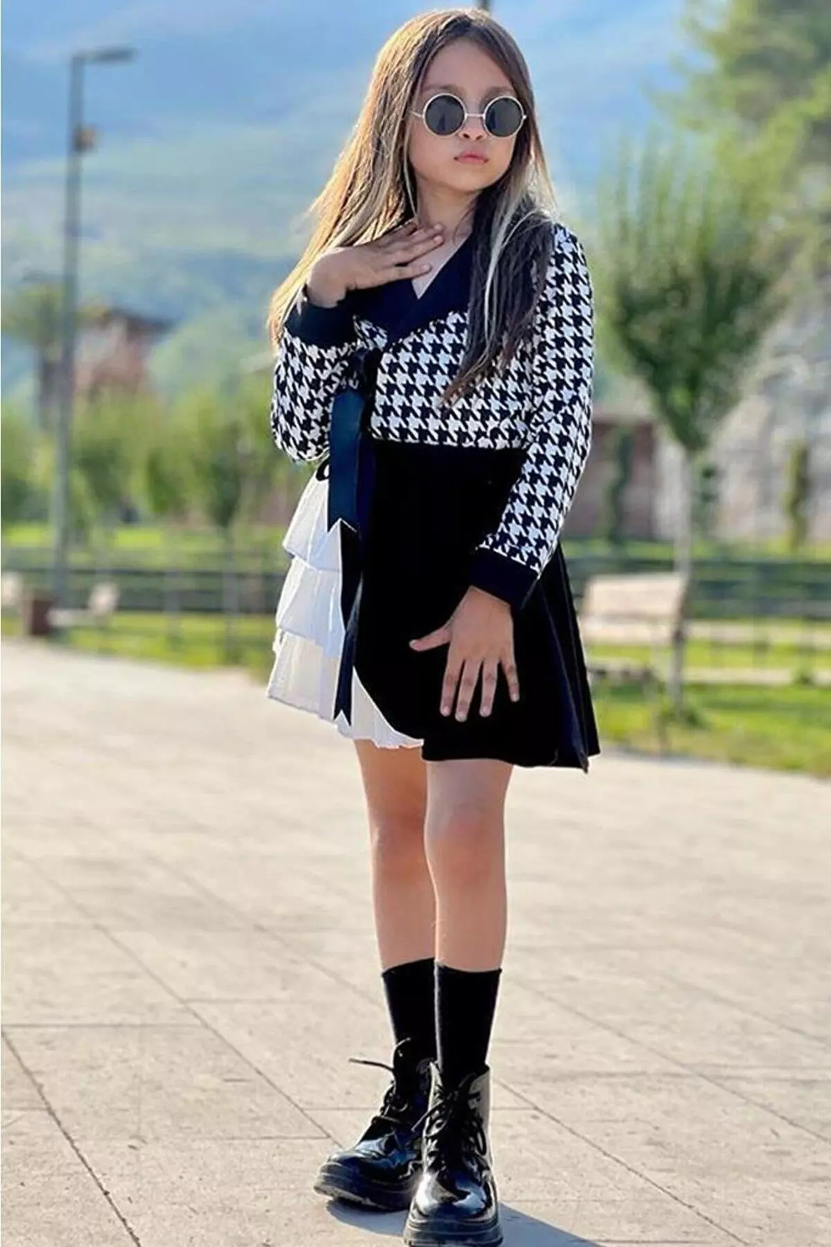 Girl Child Front Buttoned Accident Patterned Double-breasted Collared Black Skirt Suit