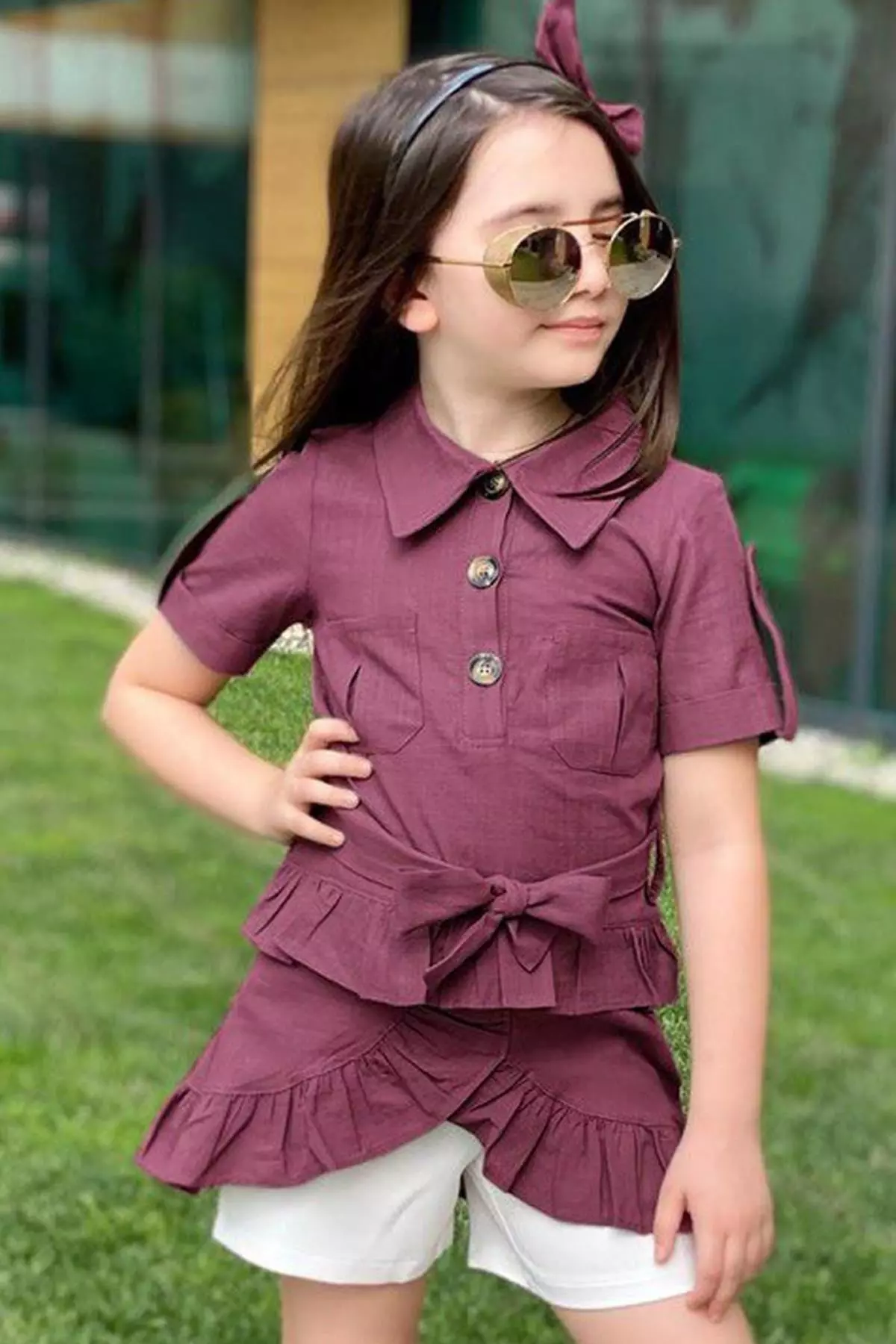 Girl Child Belted Button Detailed Ruffled Purple Tunic