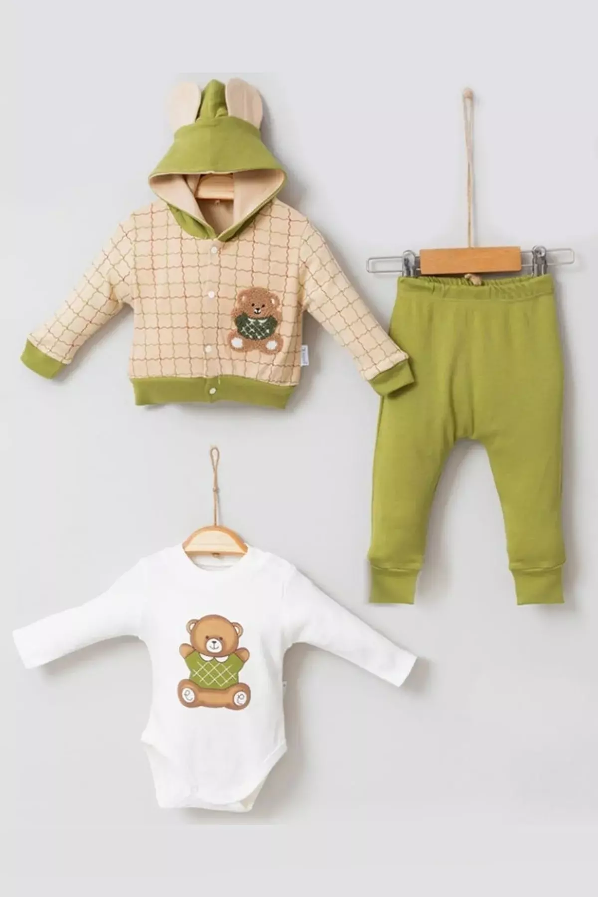 Bear Striped 100% Cotton Hoodie 3-Piece Baby Set