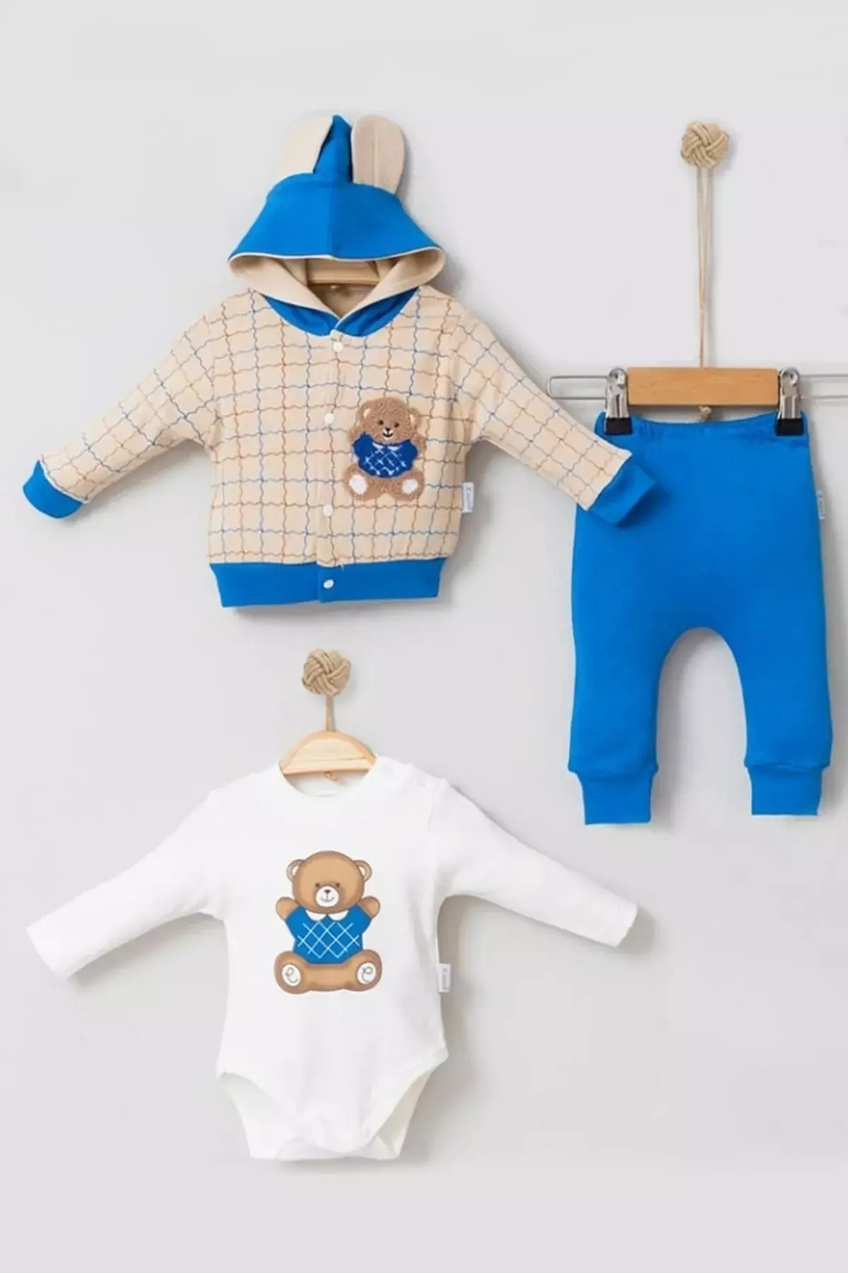 Bear Striped 100% Cotton Hoodie 3-Piece Baby Set