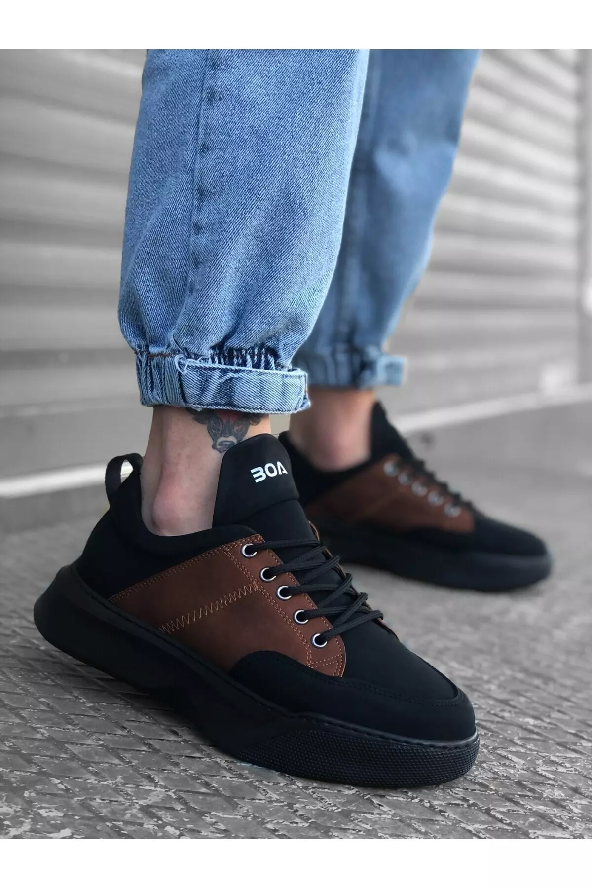 BA0163 Men's High Top Black Tan Sports Shoes with Straps