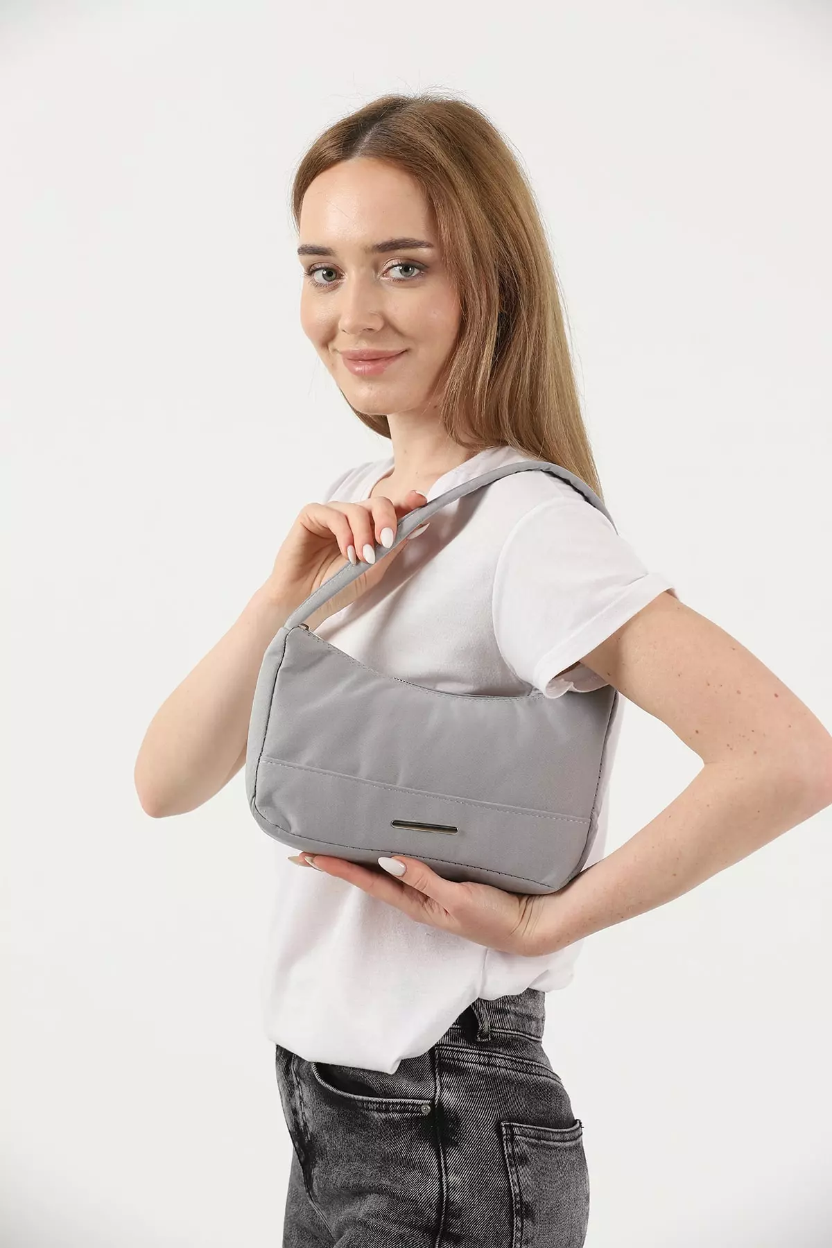Gray U26 Single Zippered Canvas Fabric Women's Daily Baguette Hand and Shoulder Bag U:13 L:25 H:6