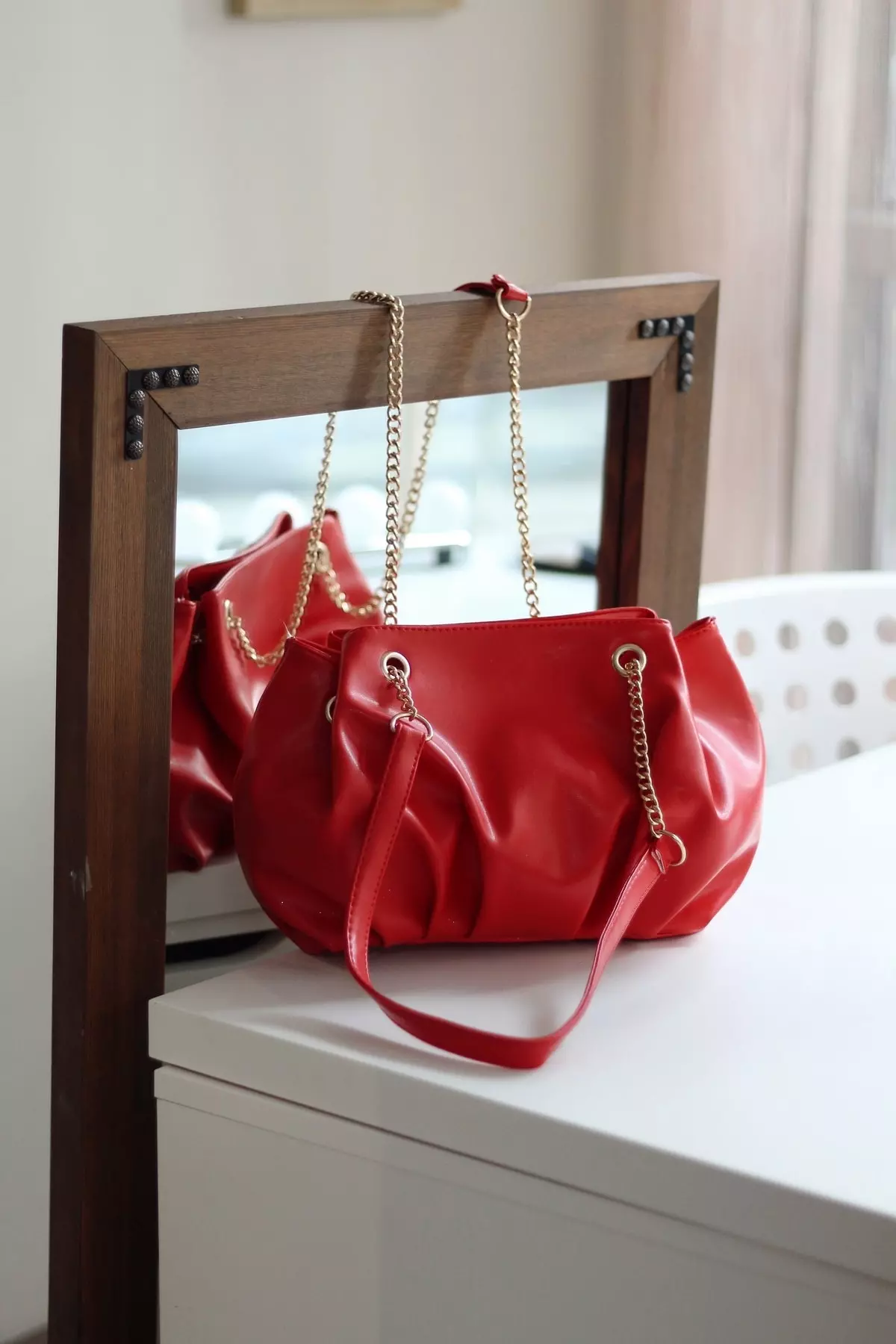 Woman Red Soft Boho Shoulder Bag with Chain Details