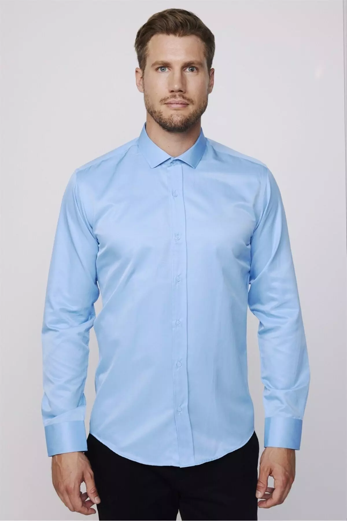 Modern Slim Fit Plain Satin Cotton Men's Blue Shirt
