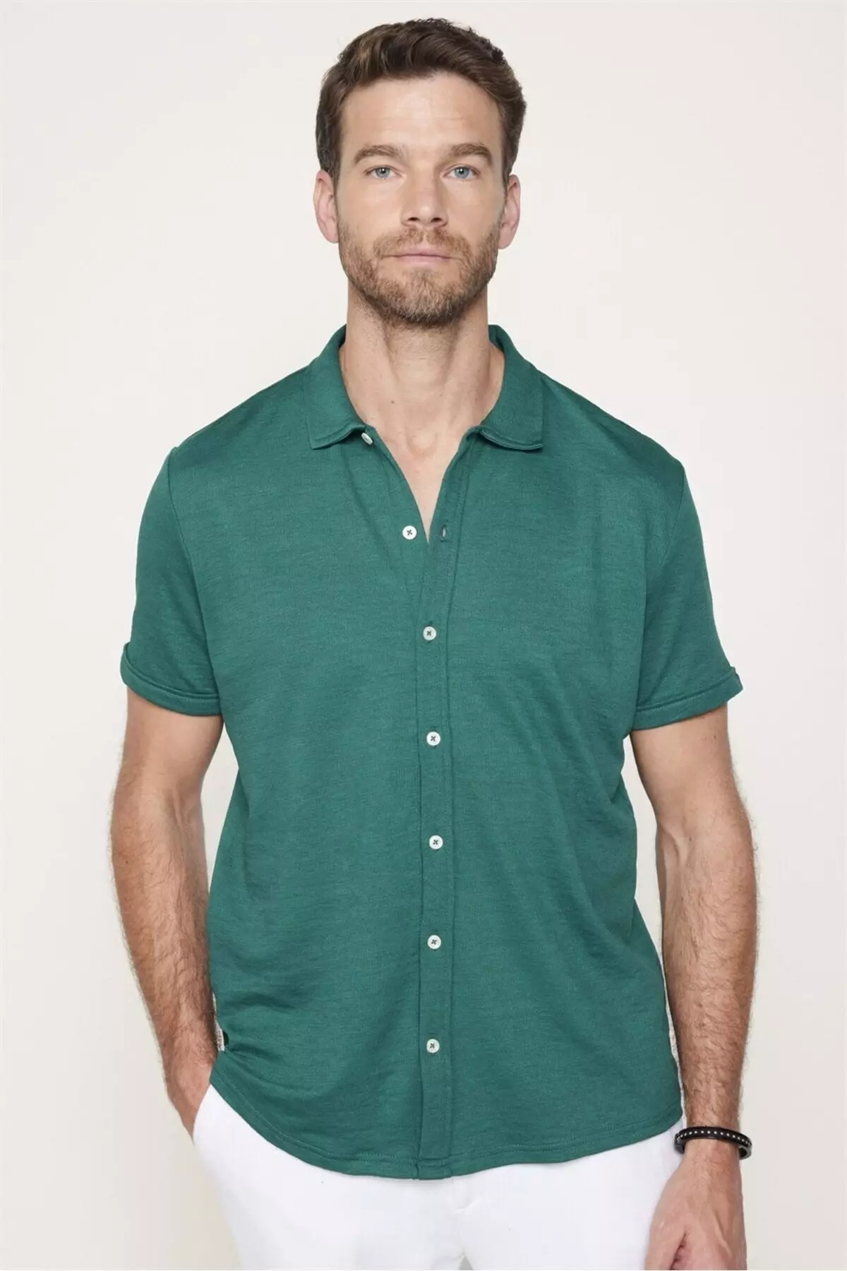 Men's Slim Fit Short Sleeve Patterned Knit Green Shirt