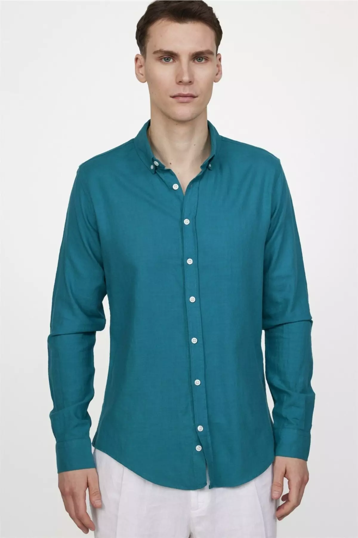 Slim Fit Long Sleeve Buttoned Collar Linen Men's Shirt