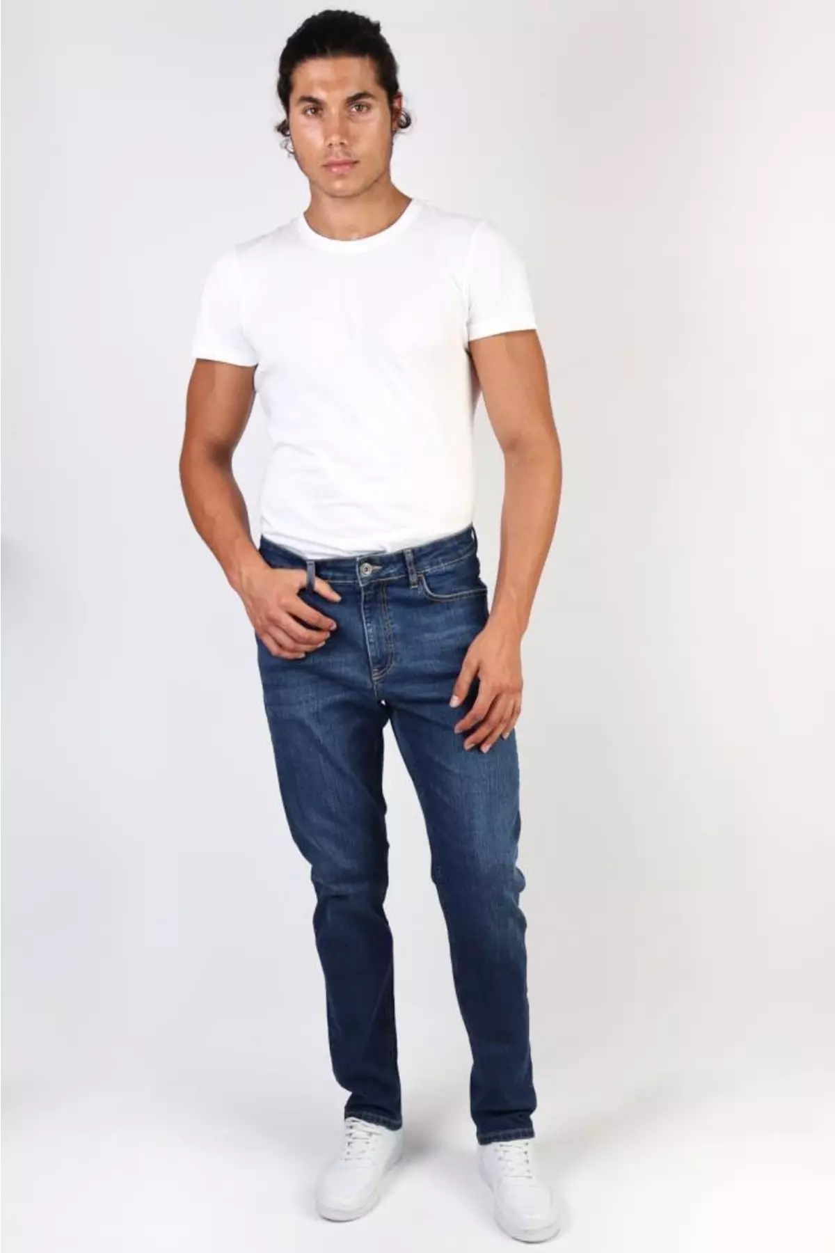 Men's Medium Blue Regular Fit Tube Leg Flexible Lycra Denim Jeans Trousers Hlthe001976