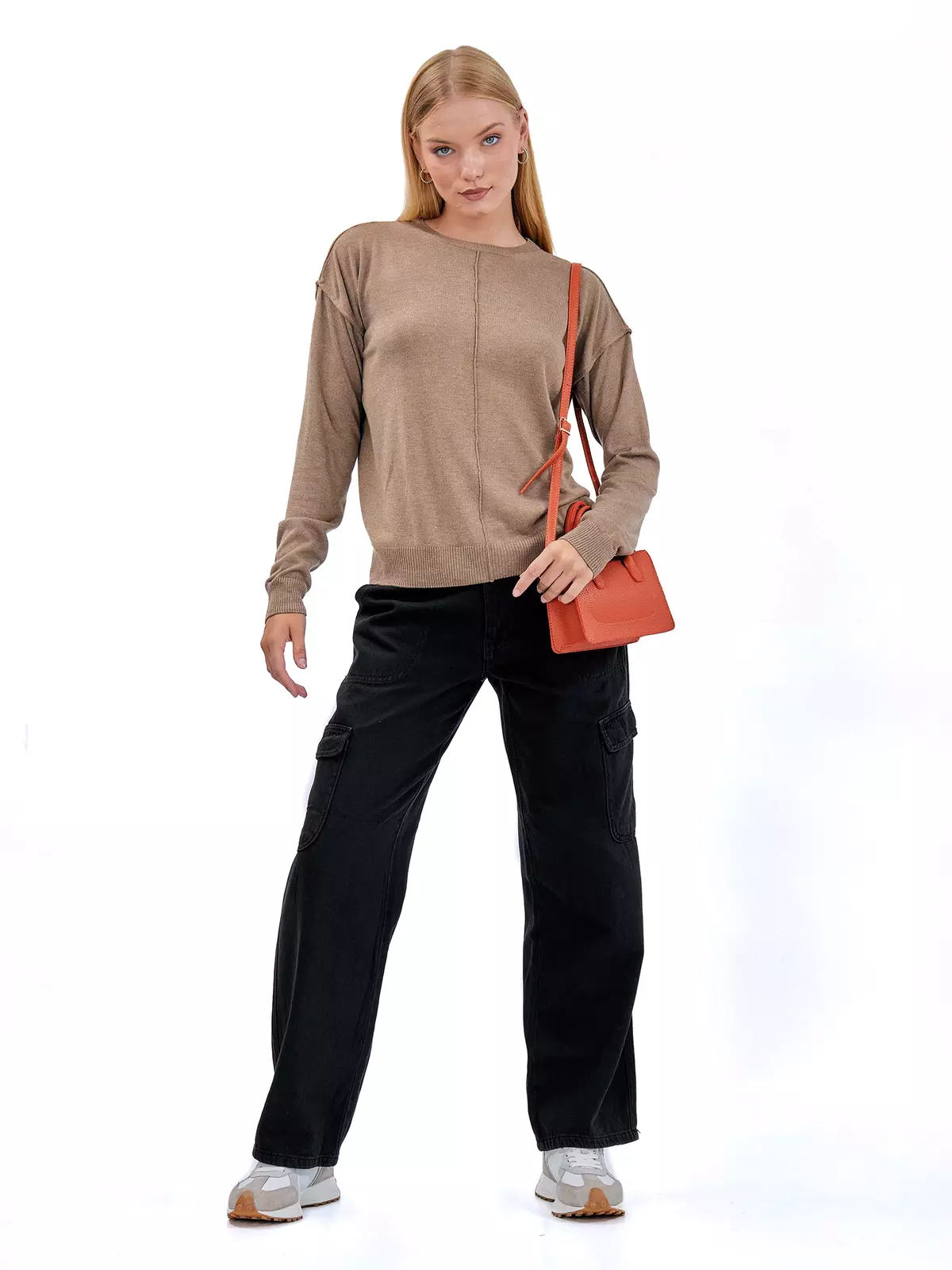 Women Crew Neck Front Stitched Sweater 99 Brown