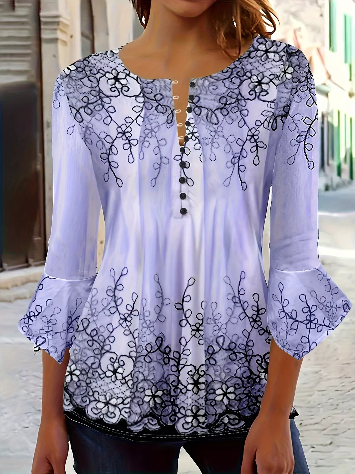 Floral Print Button Blouse, Casual Ruffle Trim Half Sleeve Blouse, Women's Clothing-Lavender