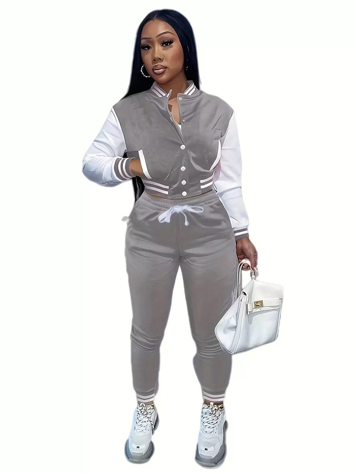 two-piece Women's Stylish Color Block Jacket and Jogger Pants Set - Comfortable and Fashionable Casual Outfit-grey
