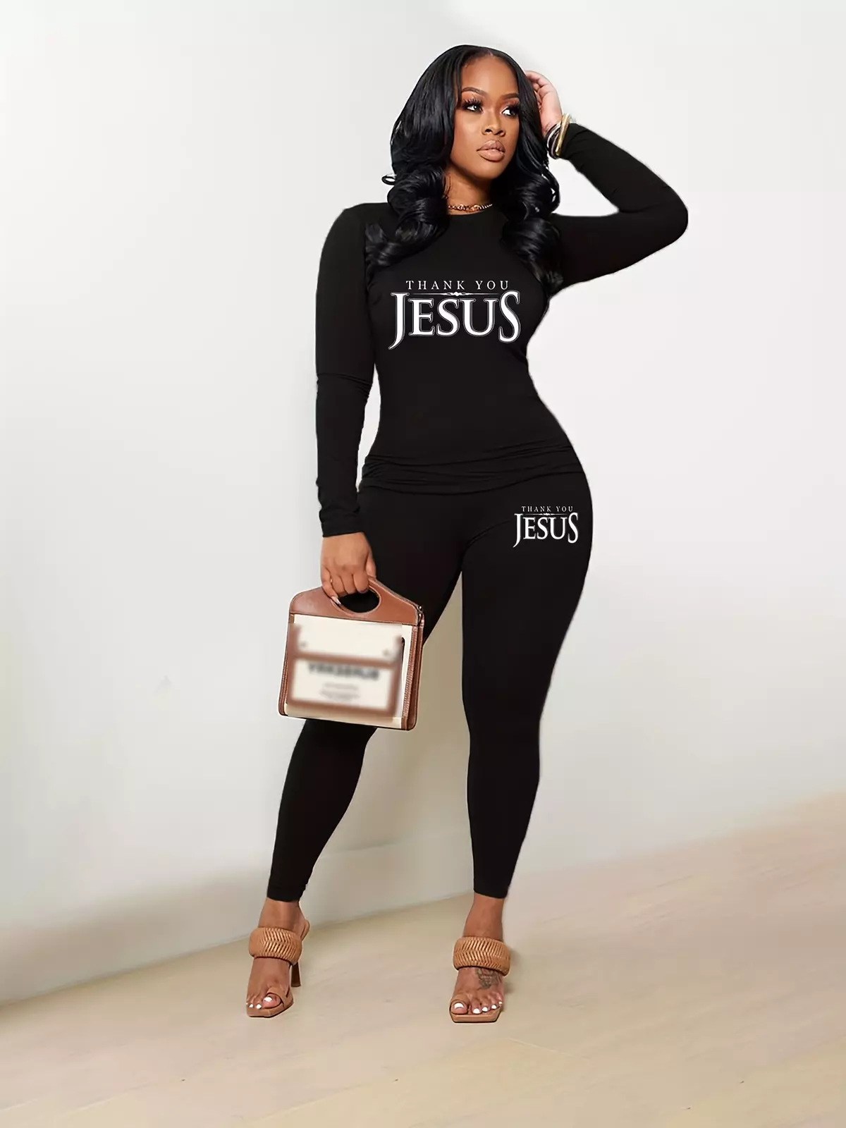 Casual Letter Print Two-piece Set, Long Sleeve Crew Neck Top & Skinny Leggings Outfits, Women's Clothing