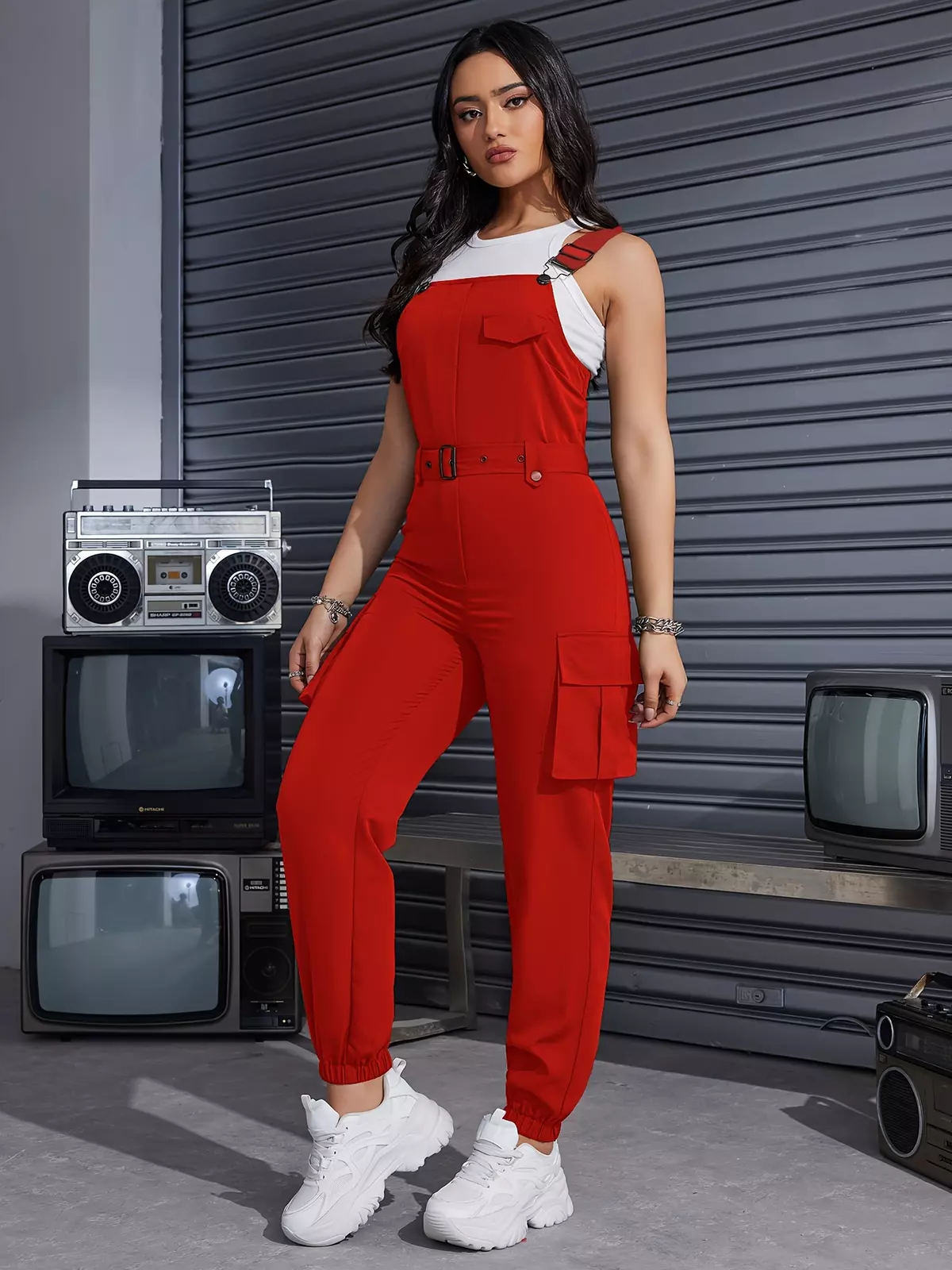 Solid Flap Pocket Belted Overall Jumpsuit, Casual Buckle Detail Loose Jumpsuit, Women's Clothing-Army Green