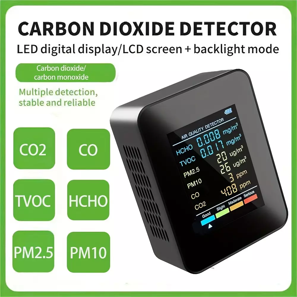 6 In 1 Air Quality Detector Carbon Dioxide Detector PM2.5 PM10 HCHO TVOC CO Formaldehyde Monitor LCD Display Carbon Dioxide Sensor Meter-Black