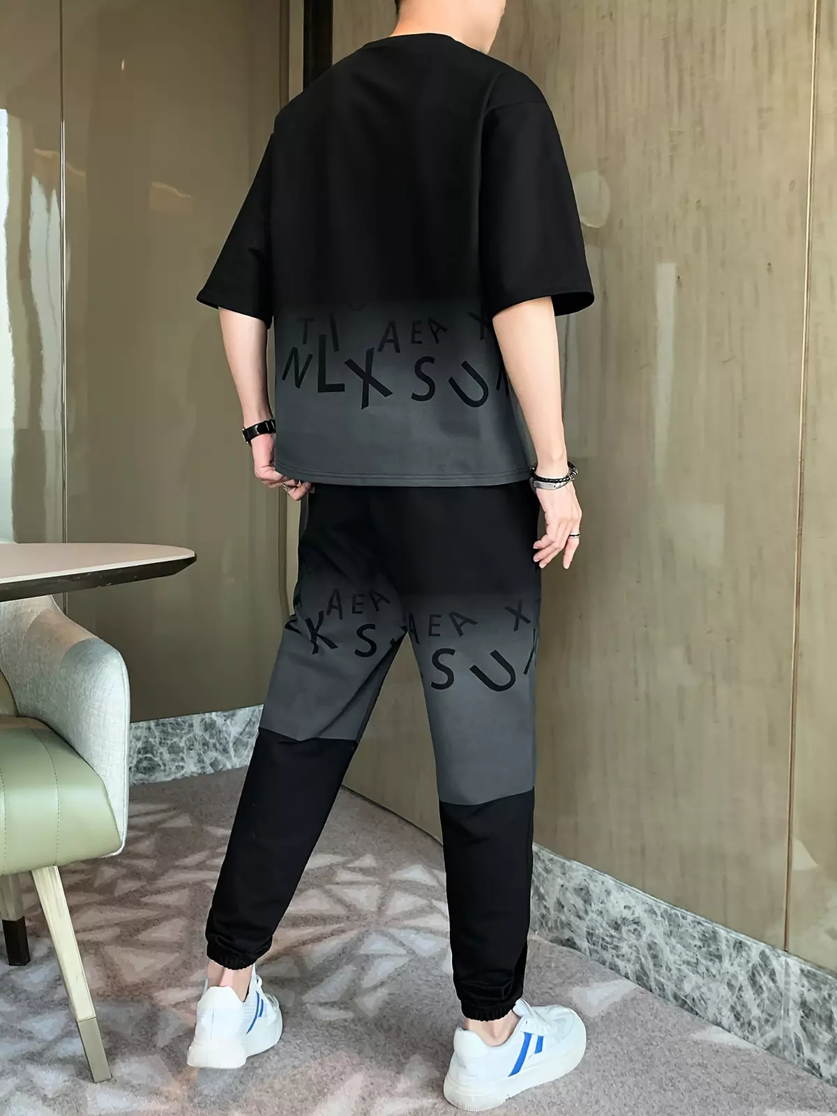 Men'Outfit, Gradient Color Letters Print Casual Crew Neck Short Sleeve T-Shirt & Joggers 2-piece Set For Outdoor Activities