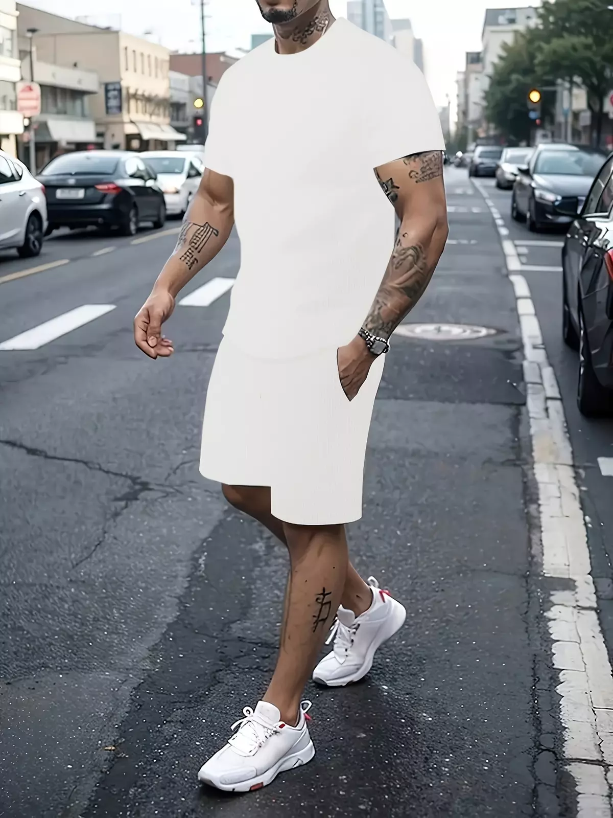 2-piece Men's Casual Summer Vacation Outfit Set, Men's Solid Short Sleeve Round Neck T-shirt & Drawstring Shorts Set-Mixed colors 1