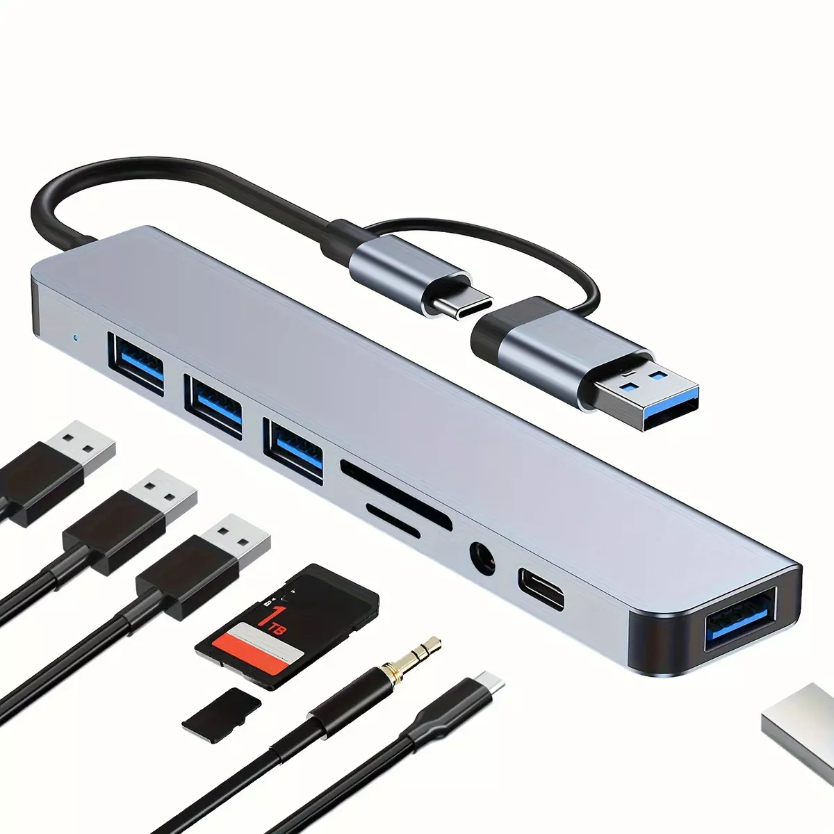 USB hub, dual purpose hub with USB and Type C interfaces, 8-port USB C hub, with USB 3.0, USB 2.0, Micro SD/TF card reader, microphone/audio, and other interfaces, suitable for USB C hubs on laptops, MacBook Pro, iMac, iPad Pro, and other USB-C devices