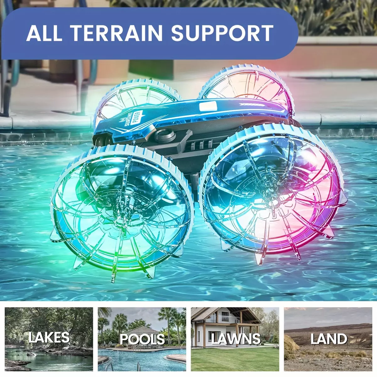 All-Terrain Amphibious Remote Control Car with Waterproof 2.4G Gesture Control, Colorful LED Lights, and Swimming Pool Toy Capabilities