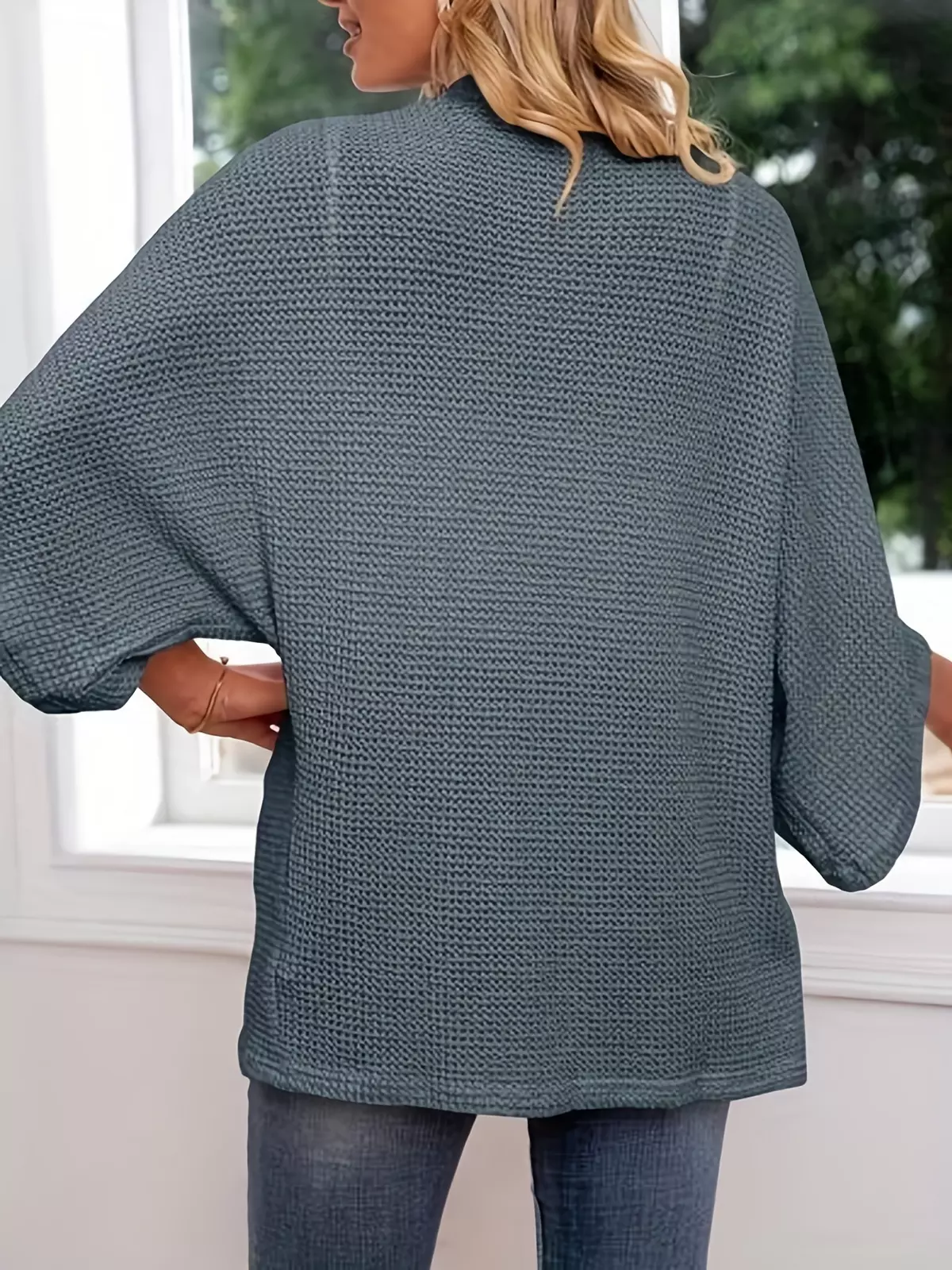 Plus Size Casual Cardigan, Women's Plus Solid Waffle Knit Three Quarter Sleeve Open Front Cardigan-Sea Blue