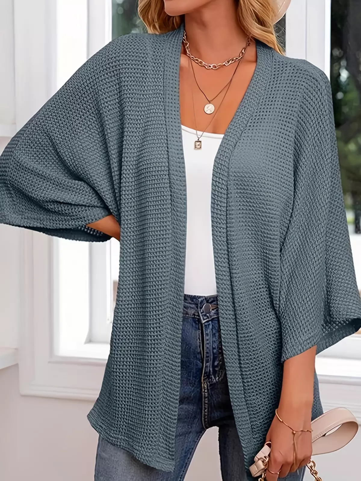 Plus Size Casual Cardigan, Women's Plus Solid Waffle Knit Three Quarter Sleeve Open Front Cardigan-White