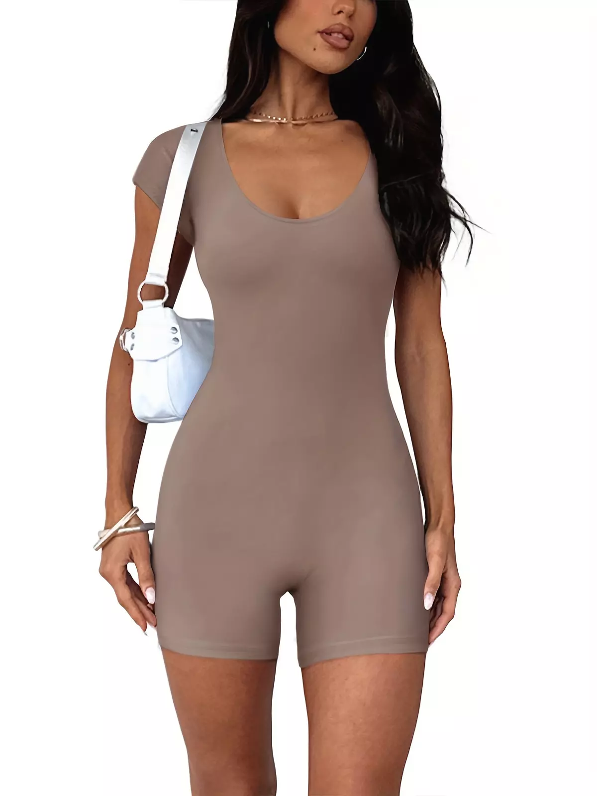 Solid Color U Neck Romper Jumpsuit, Casual Short Sleeve Romper Jumpsuit, Women's Clothing-Taupe