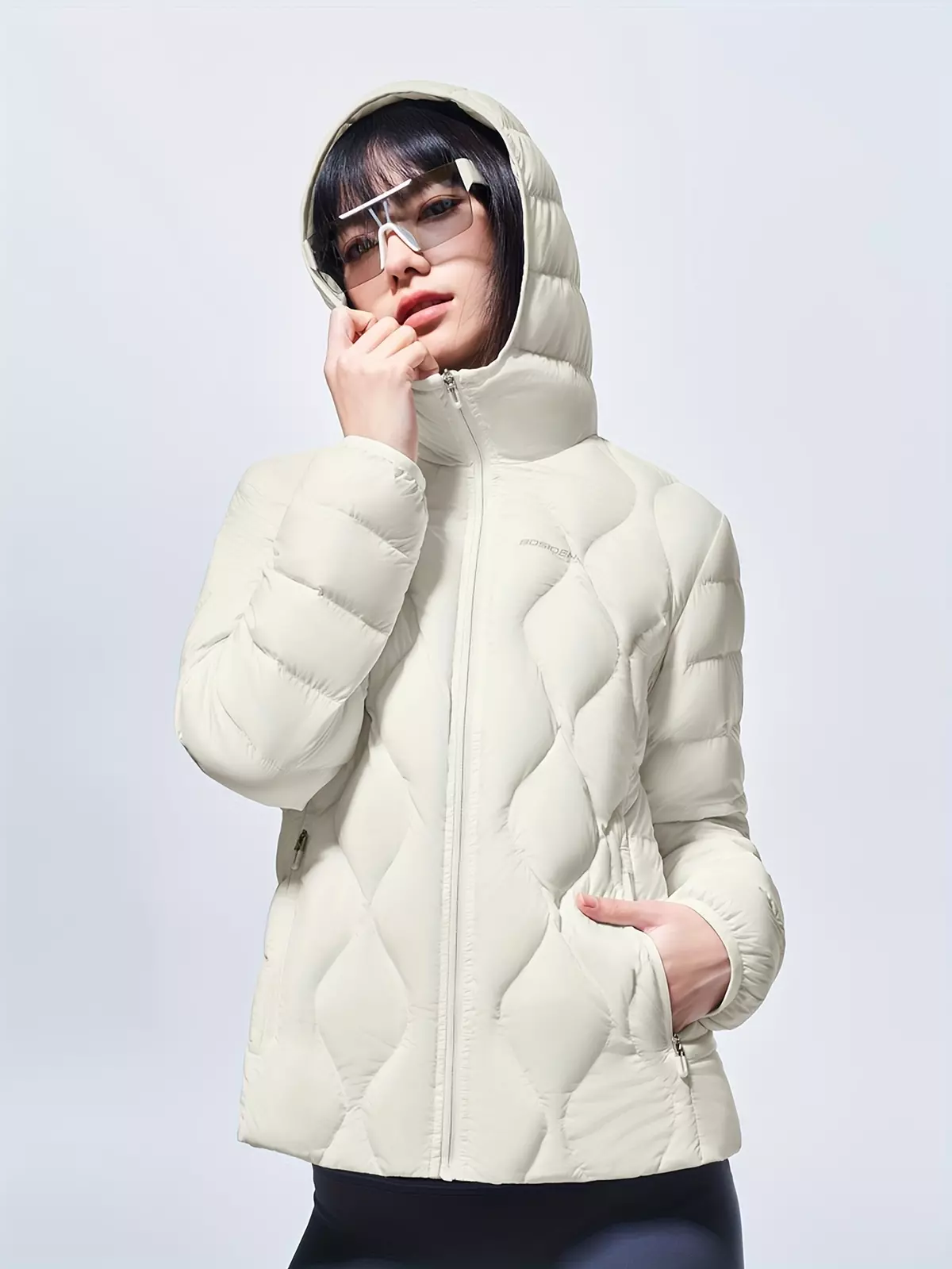 Women's Winter Coat - Zip-up Hooded Puffy Coat with 90% Goose Down and Slant Pockets-Apricot