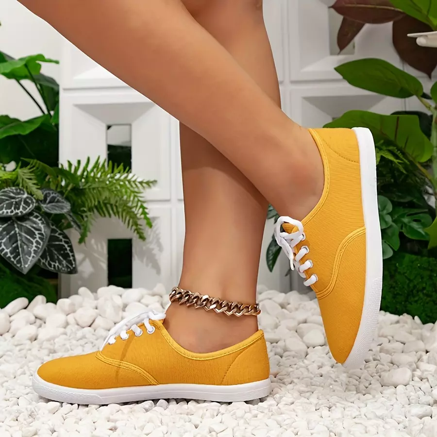 Chic Women's Canvas Sneakers - Effortless Lace-Up Style, Lightweight Comfort, Casual Low-Top Design for Everyday Elegance-Yellow