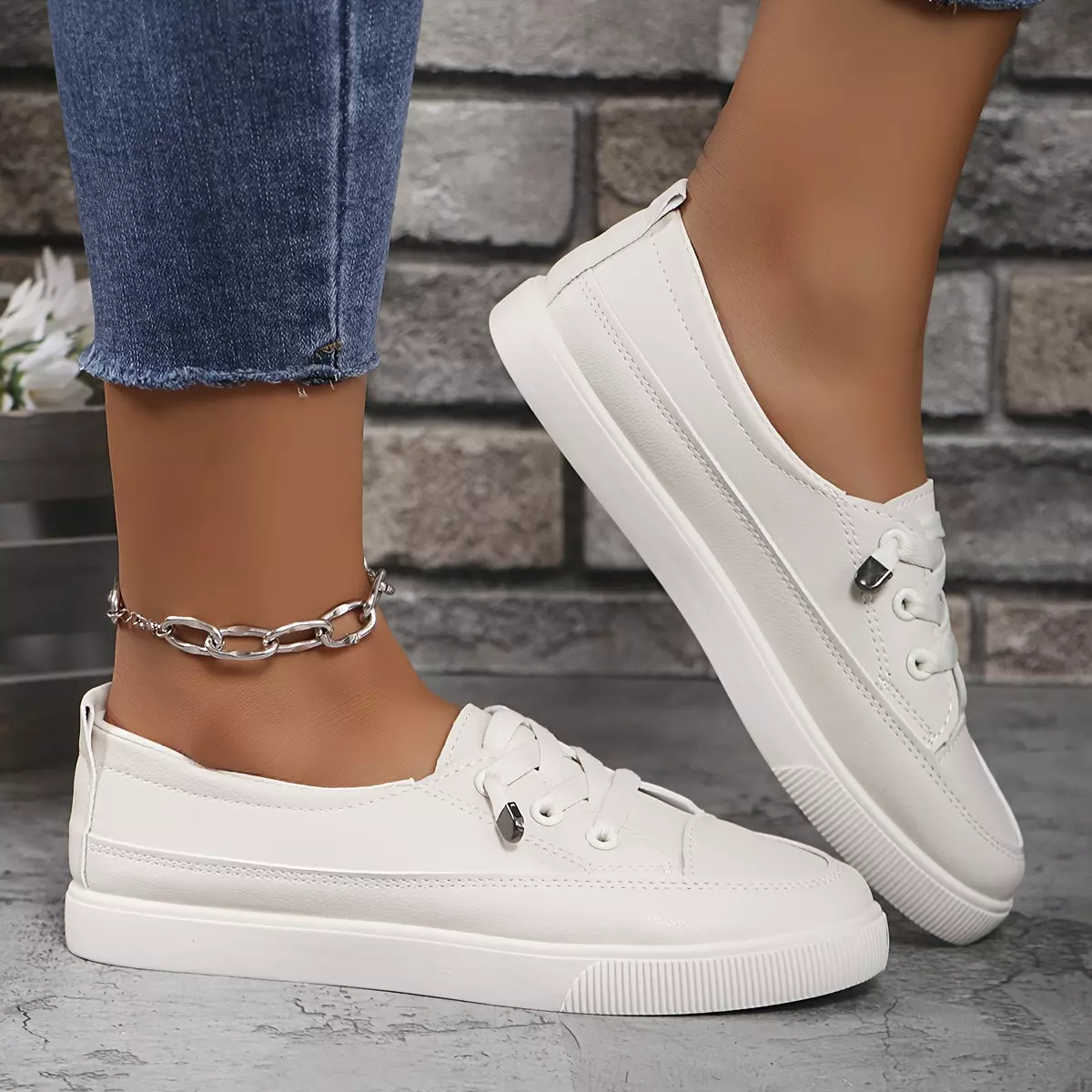 Lightweight and Versatile Women's Sneakers – Casual Round Toe Lace-Ups, Faux Leather All-Season Low Tops-Beige Color