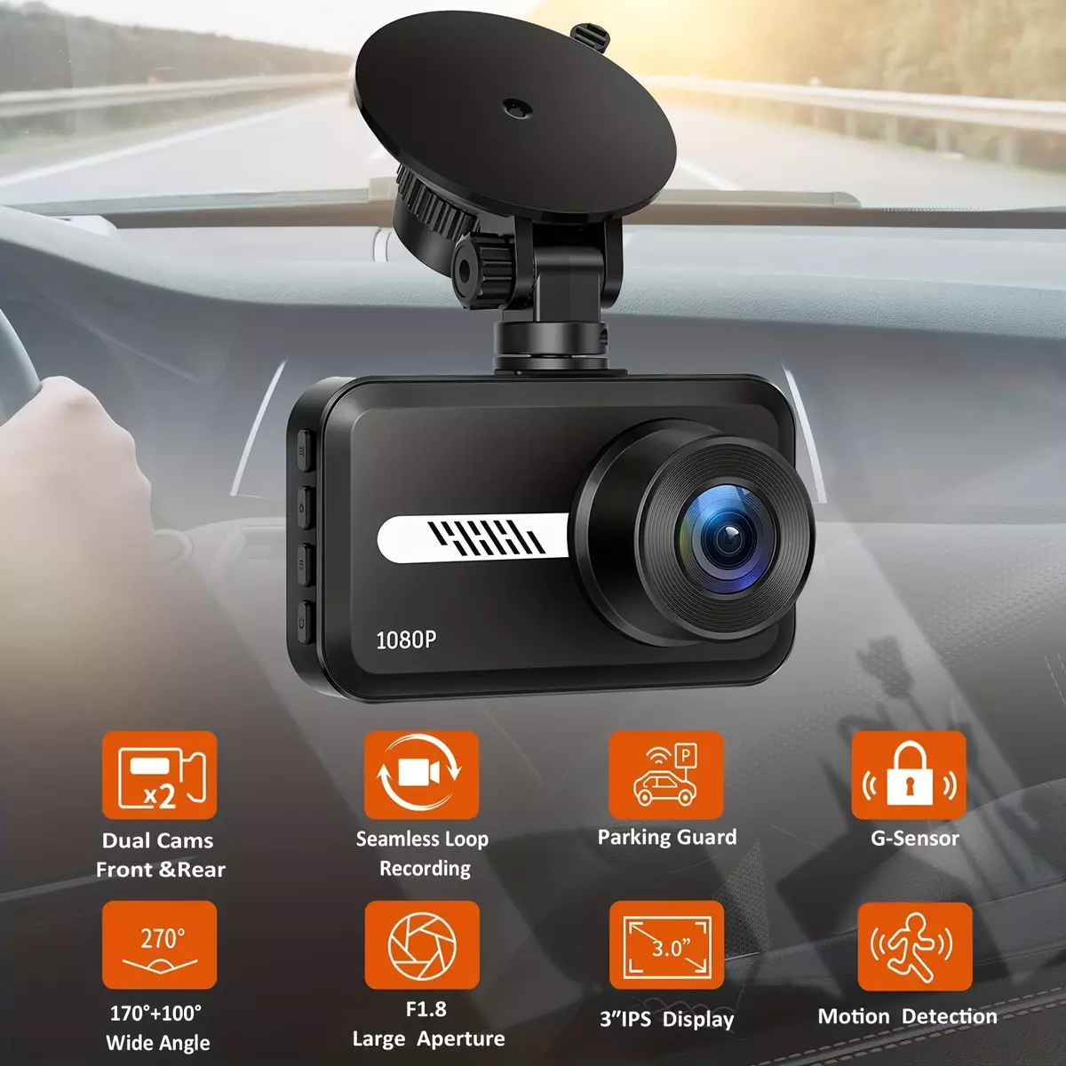 Dash Cam Front And Rear, 1080P Full HD Dash Camera For Cars With 32GB SD Card, 3'' IPS Screen, 170°Wide Angle, Night Vision, Parking Monitor, Loop Recording