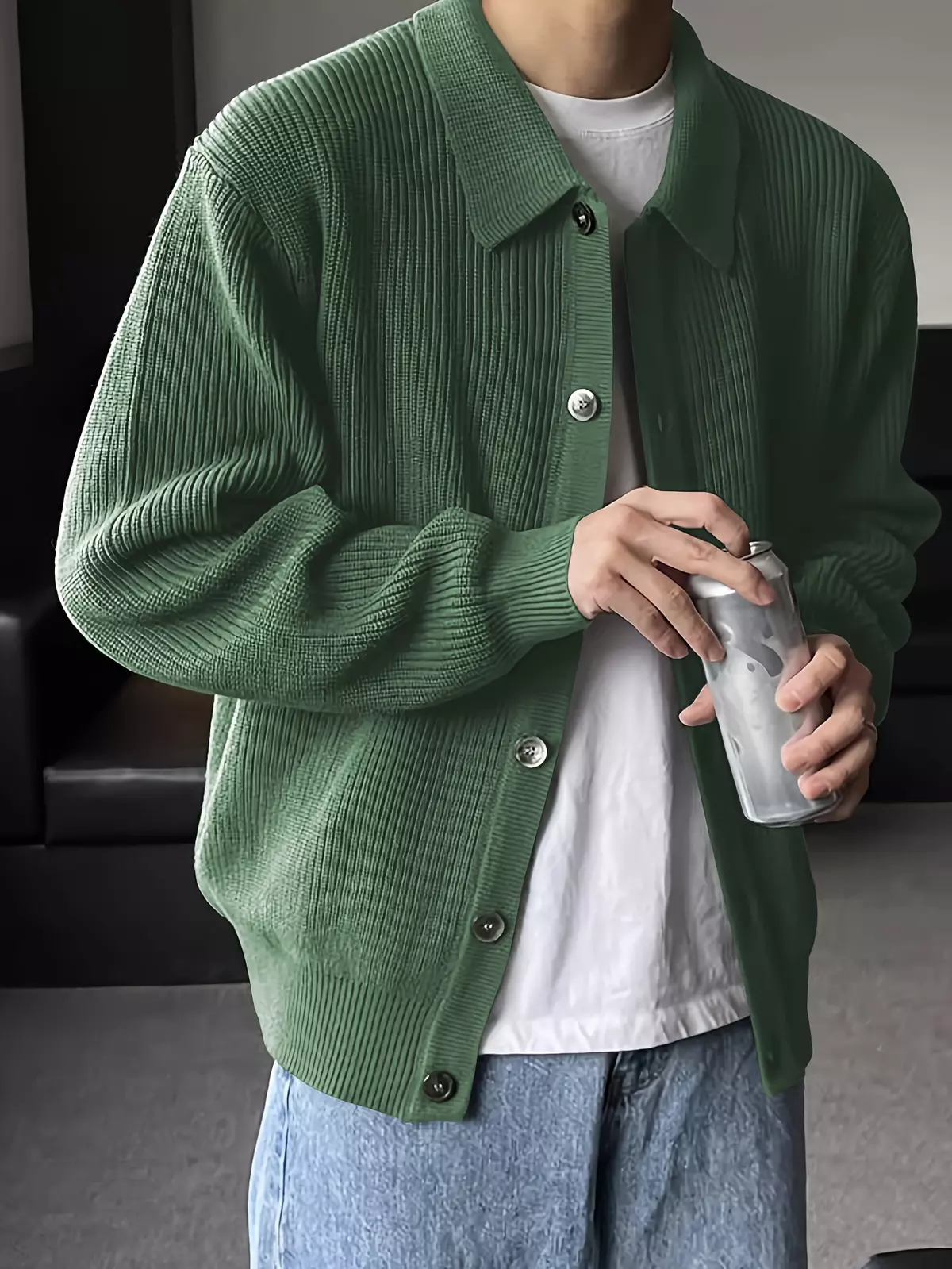 Men's Solid Loose Knitted Cardigan, Casual Mid Stretch Button Up Breathable Long Sleeve Lapel Top For Outdoor Activities-Green