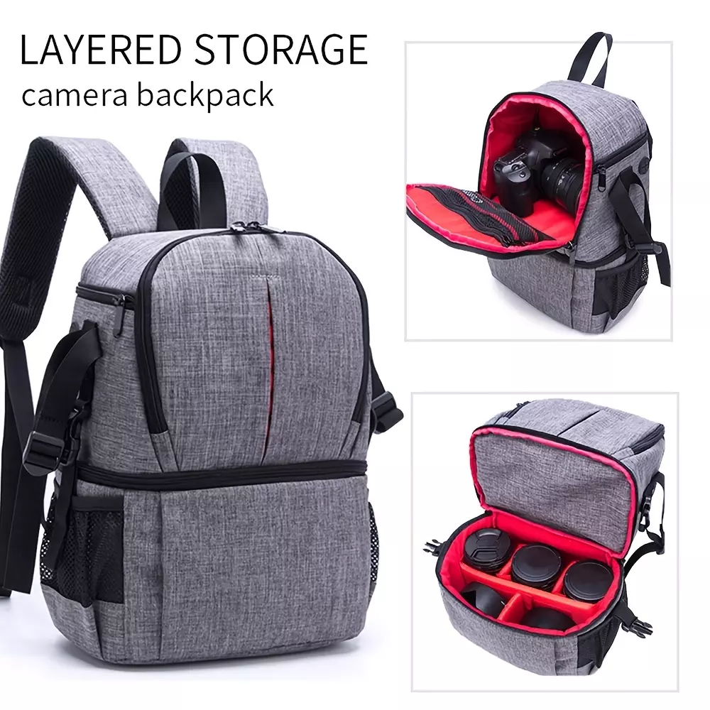 Suitable For Canon Nikon Sony SLR Camera Dual Shoulder Strap Up And Down Booth Camera Bag Camera Bag Photography Bag Lightweight Casual Nylon Fabric Unisex-Grey With Red