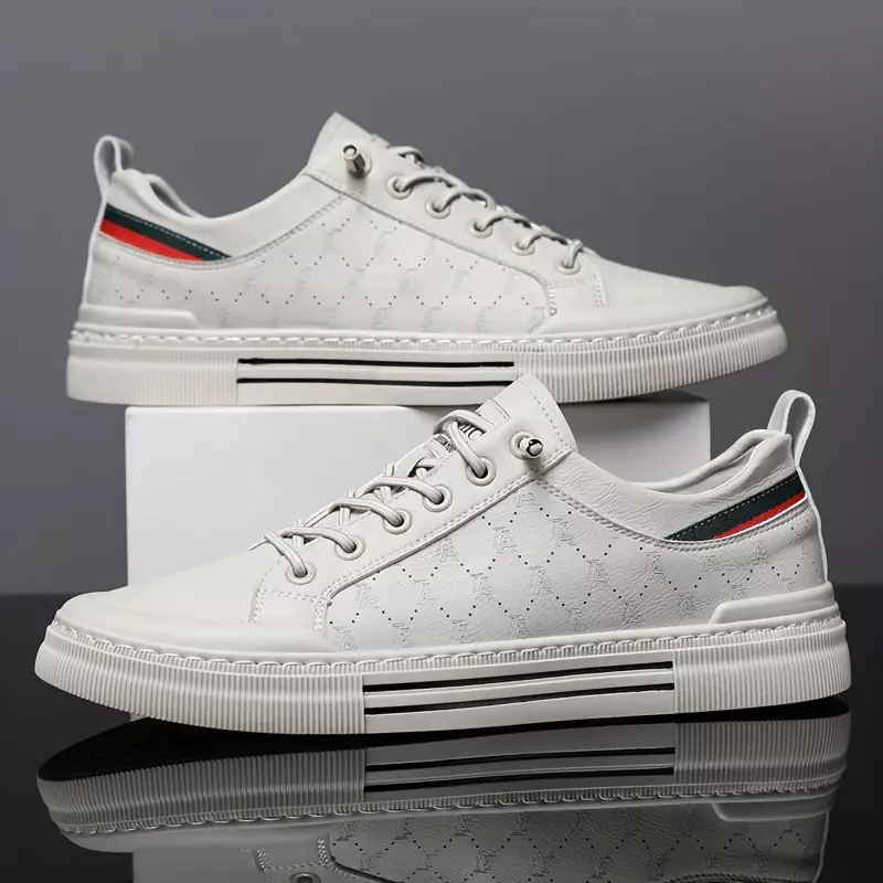 Breathable Lace-up Sneakers with Good Grip - Men's PU Leather Skate Shoes-Khaki