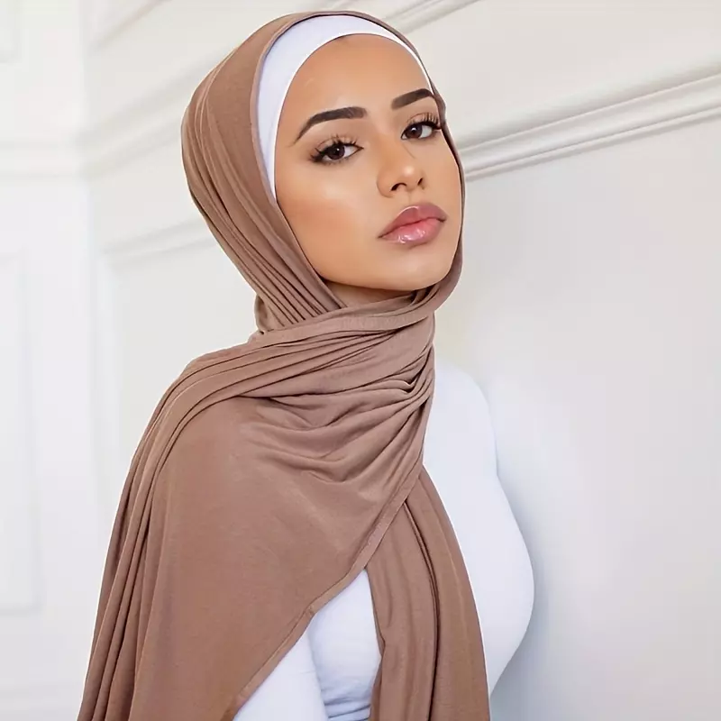 Solid Color Jersey Hijab Women Thin Breathable Scarf Long Stretch Windproof Sunscreen Shawl-Sky Blue