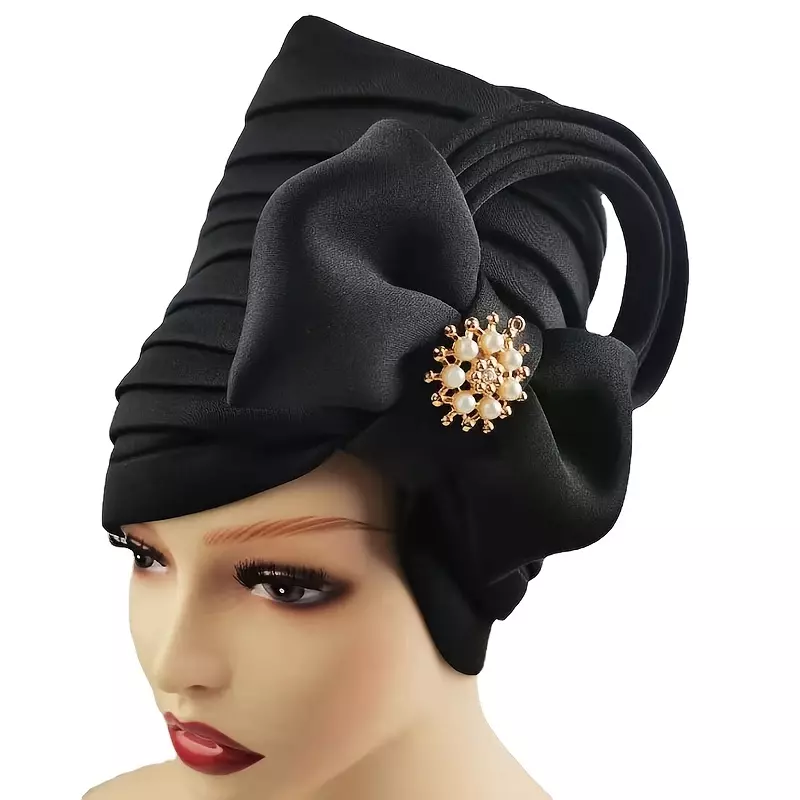 Faux Pearl Alloy Decor Turban Cap Elegant Bow Bandana Multi Layer Wrinkled Trendy Adjustable Hijab Women Hair Accessories-Pink