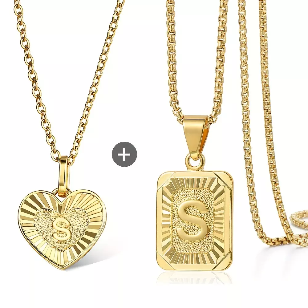 2pcs/set Heart Square Initial Letter Pendant Necklace Rolo Cable Box Chain Golden Stainless Steel Name Jewelry for Wen Women