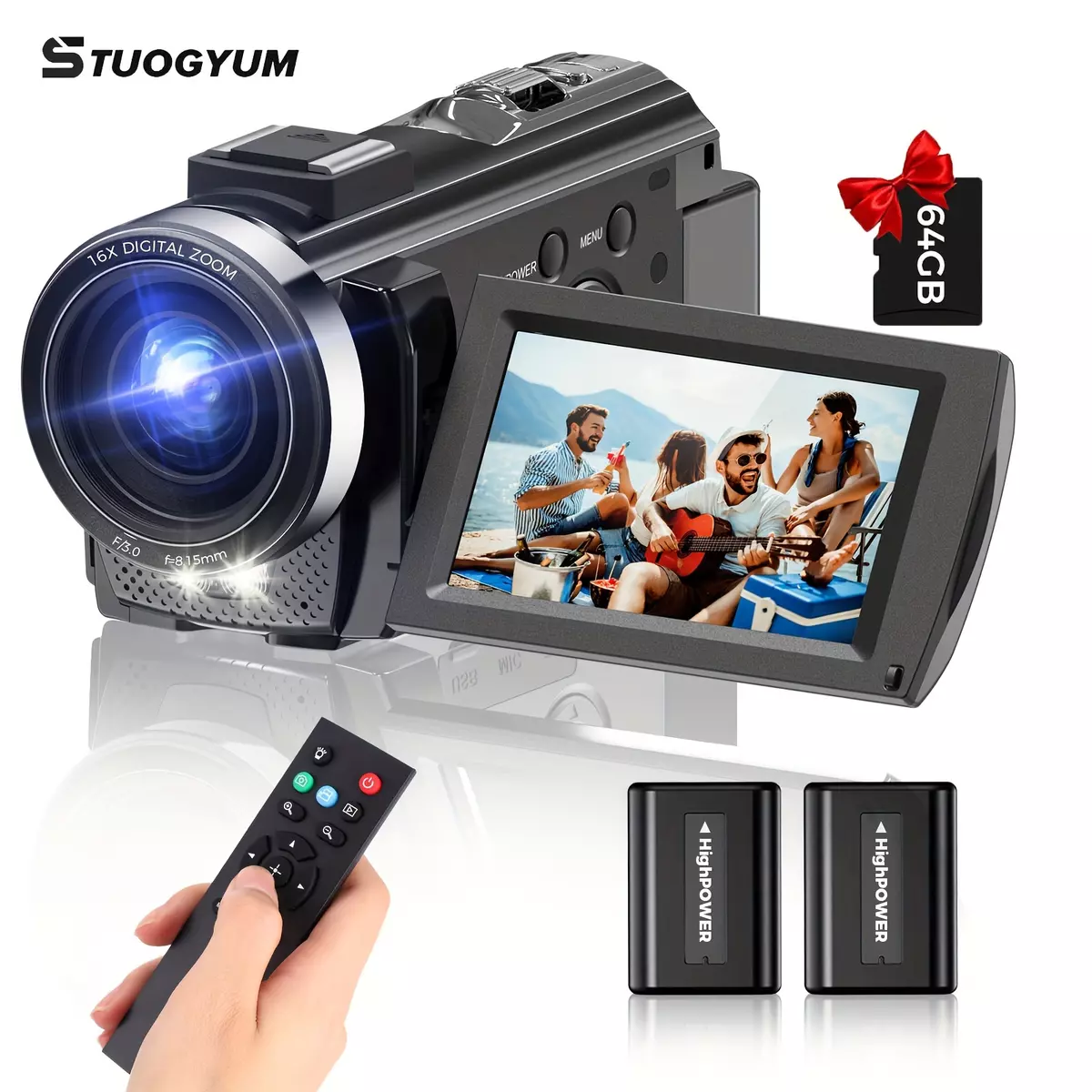 Digital Video Camera Camcorder 3inch IPS 270 Degrees Rotation Screen Vlogging Camera 16X Digital Zoom Ultra HD 30FPS Vlogging Camera With 64GB Card, Remote Control And 1500mah Battery