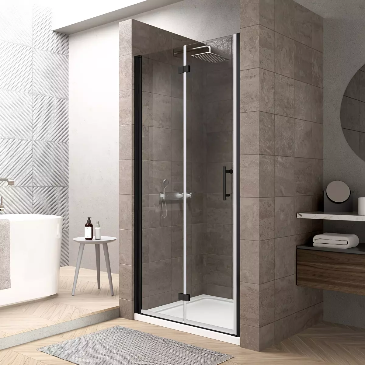 Frameless Bifold Shower Door, Pivot Swing-out Shower Glass Door In Matte Black Finish, Reversible Installation With 1/4 Inch (6mm)-Matt Black