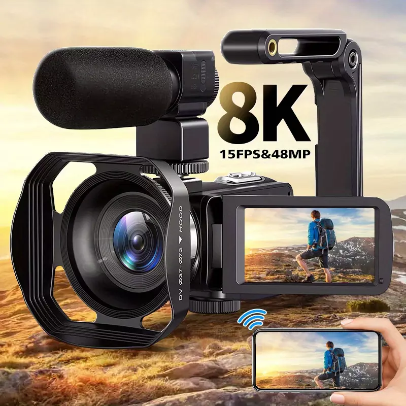 8K Video Camera Camcorder Full HD 15/30/60FPS, 18X Digital Zoom Digital Camera, 64MP Webcam Vlogging Camera Recorder, Supports Wifi Digital Camera, Touch Screen Camcorders Camera With Microphone DV, Remote, Stabilizer, Lens Hood, Flash, 32G SD Card, 1500mah Batteries