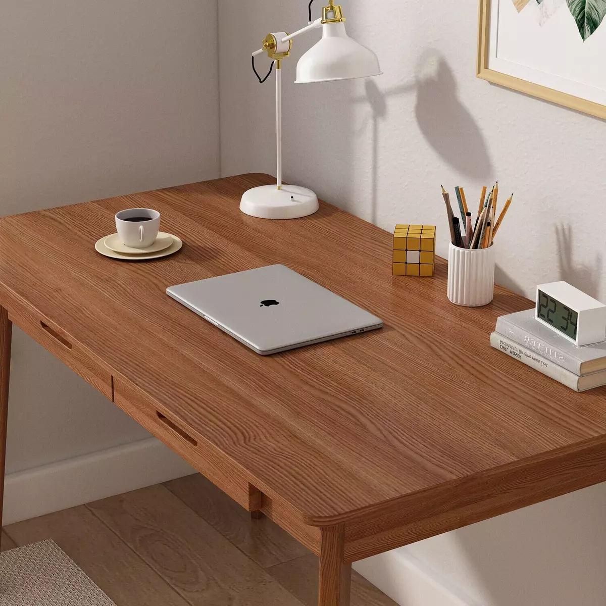 Office Desk Computer Desk Writing Wood Desk Study Work Desk With 2-Drawer Modern-White+Wood