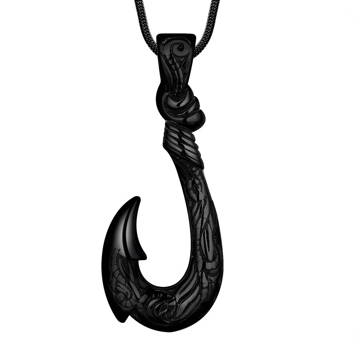 Fish Hook Pendant Necklace - Hawaiian Fishing Carved Bone Fish Hook Necklace In 316L Stainless Steel-Silvery