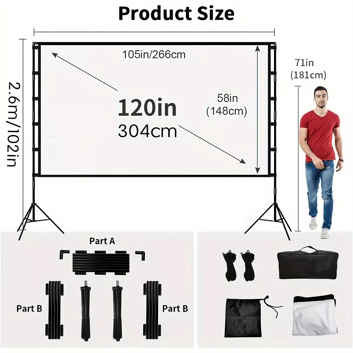 Projector Screen And Stand, 110/120 Inch Portable Indoor Outdoor Projector Screen 16:9 4K HD Wrinkle Free Lightweight Screen With Carrying Bag For Backyard Movie Nights