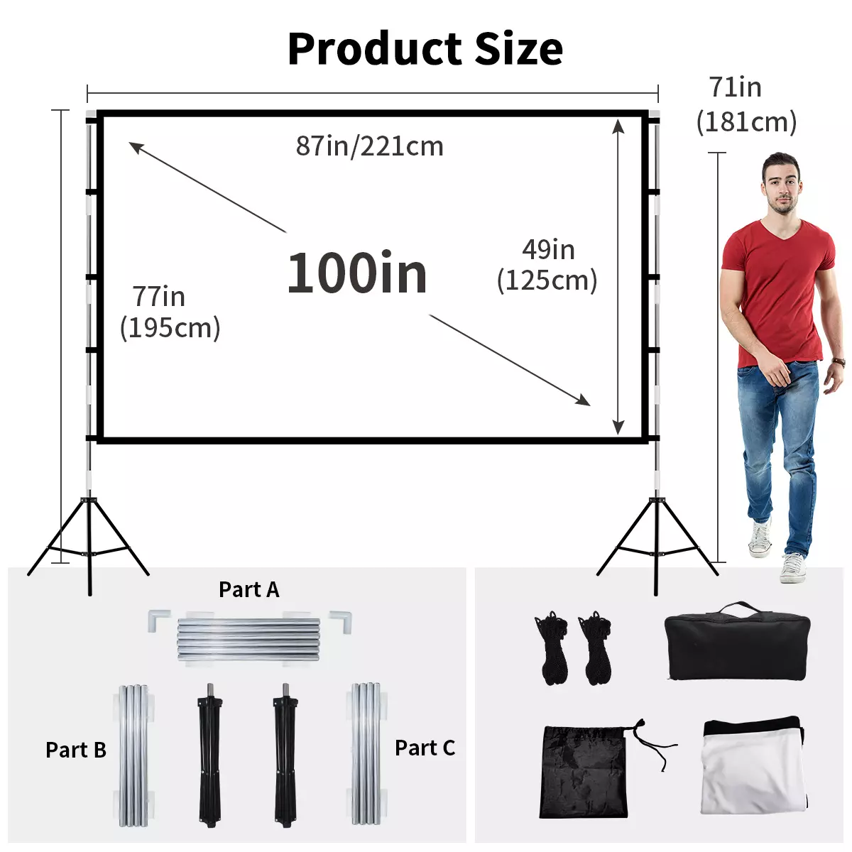 Projector Screen With Double Bracket Foldable 16:9 White Anti-Crease 84 100 120 Inch With Carry Bag Soft Projection Screen Outdoor-84 Inch