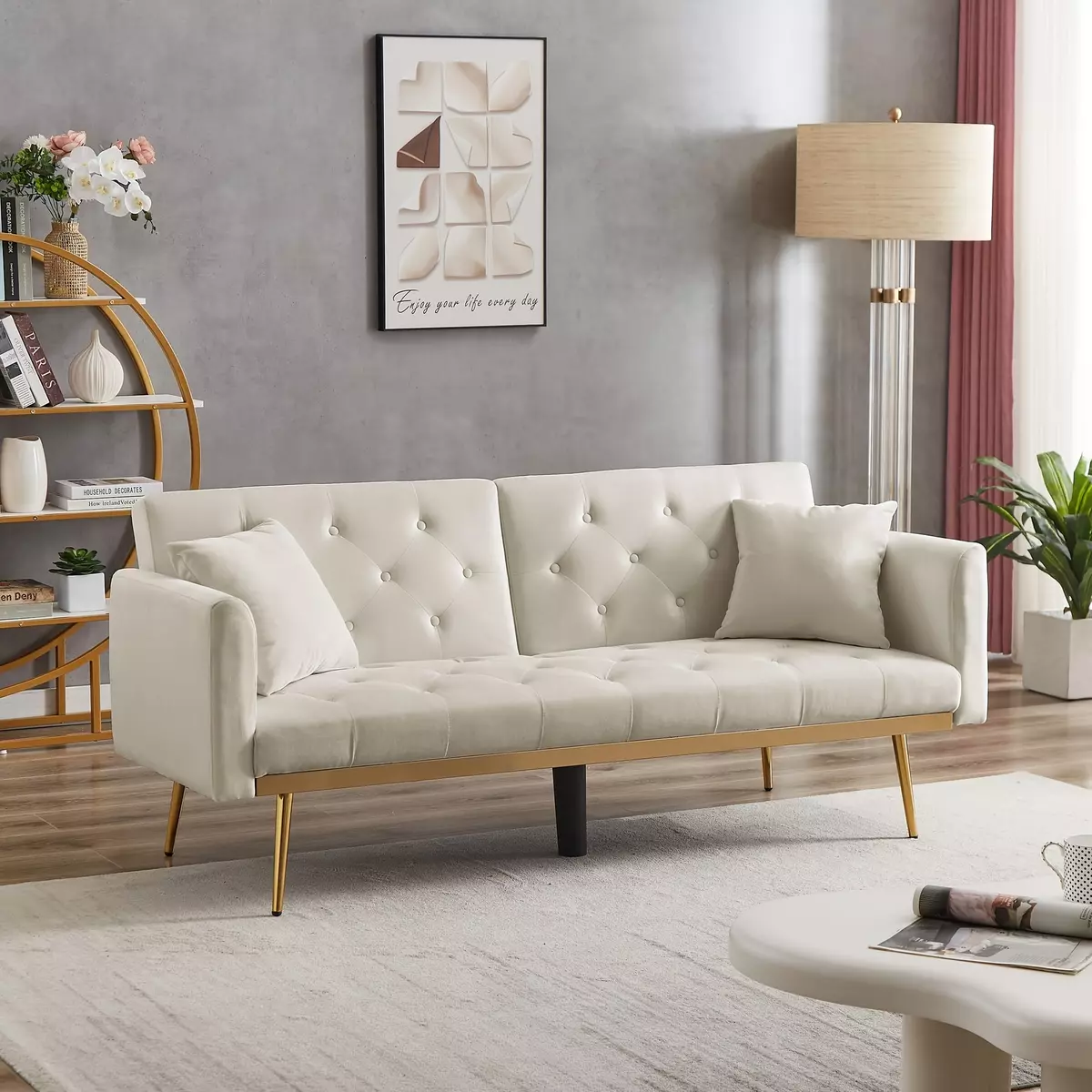 1pc,Convertible futon sofa bed, modern reclining futon double sofa with 2 pillow sofa ,for Compact Living Space, Cream White