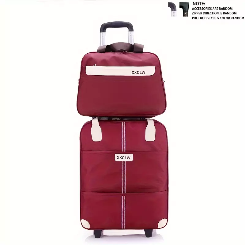 2pcs/set Large Capacity Travel Trolley Case, Portable Roller Luggage, Waterproof Boarding Suitcase, Weekender Overnight Duffle Bag For Travel-Burgundy