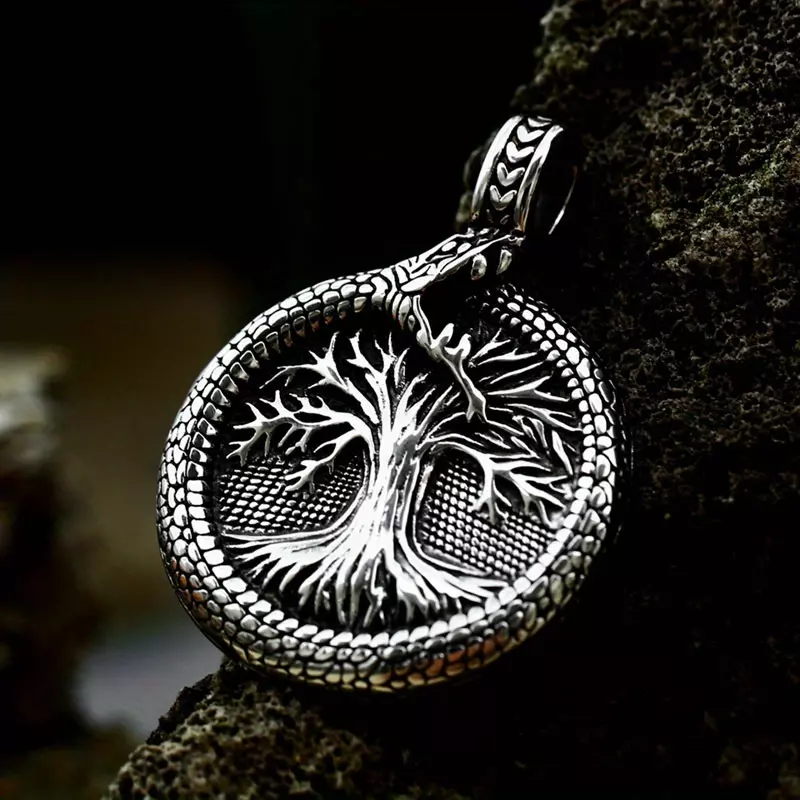 Tail Snake Tree Of Life Stainless Steel Pendant For Men-Silvery