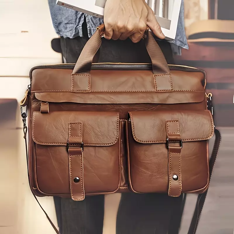 1pc Vintage Genuine Leather Crossbody Bag, Men's Briefcase, Business Handbag, Ideal Valentine's Day Gift-Black