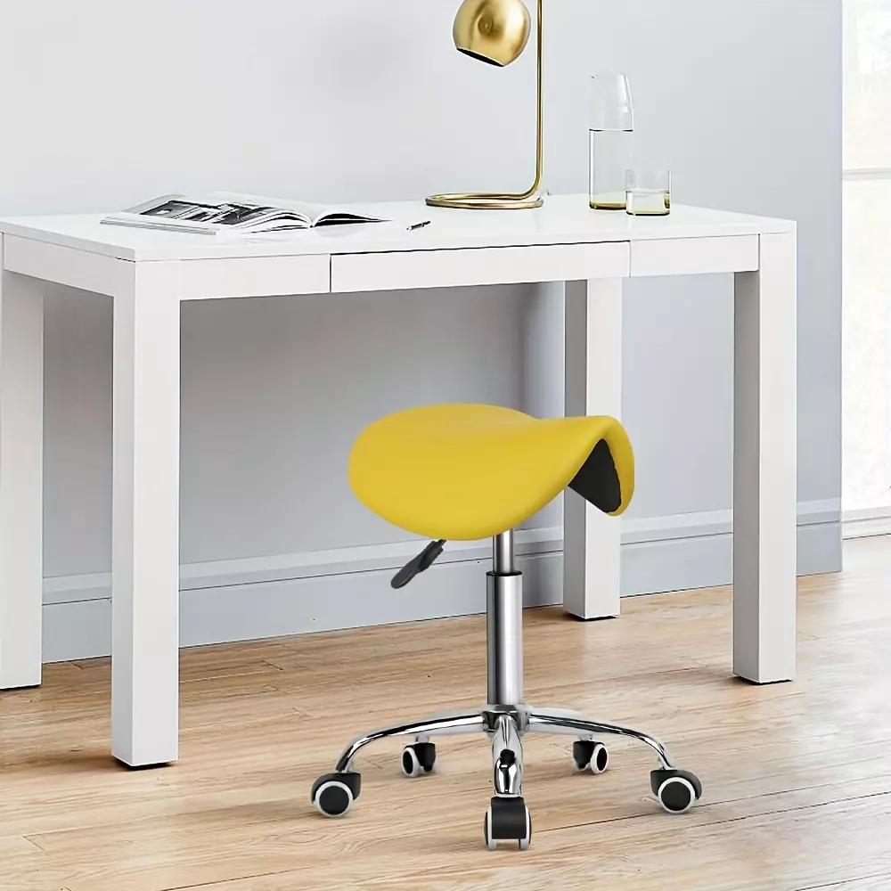 Yellow Rolling Saddle Stool PU Leather Swivel Adjustable Rolling Stool With Wheels Spa Salon Chair