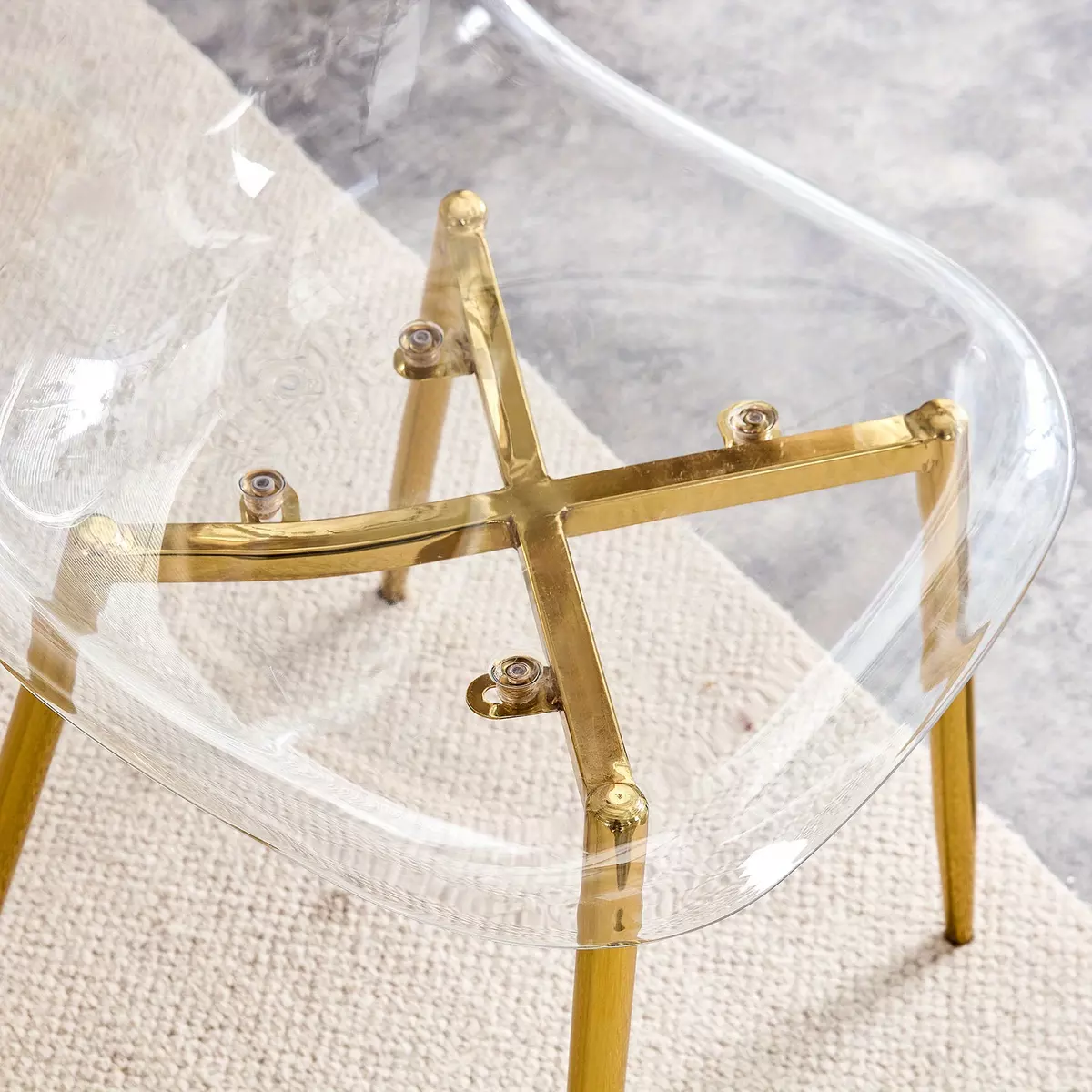 6pcs/set, Modern Minimalist Transparent Dining Chair, Plastic Chair, Armless Crystal Chair, Creative Stool, With Golden Metal Legs