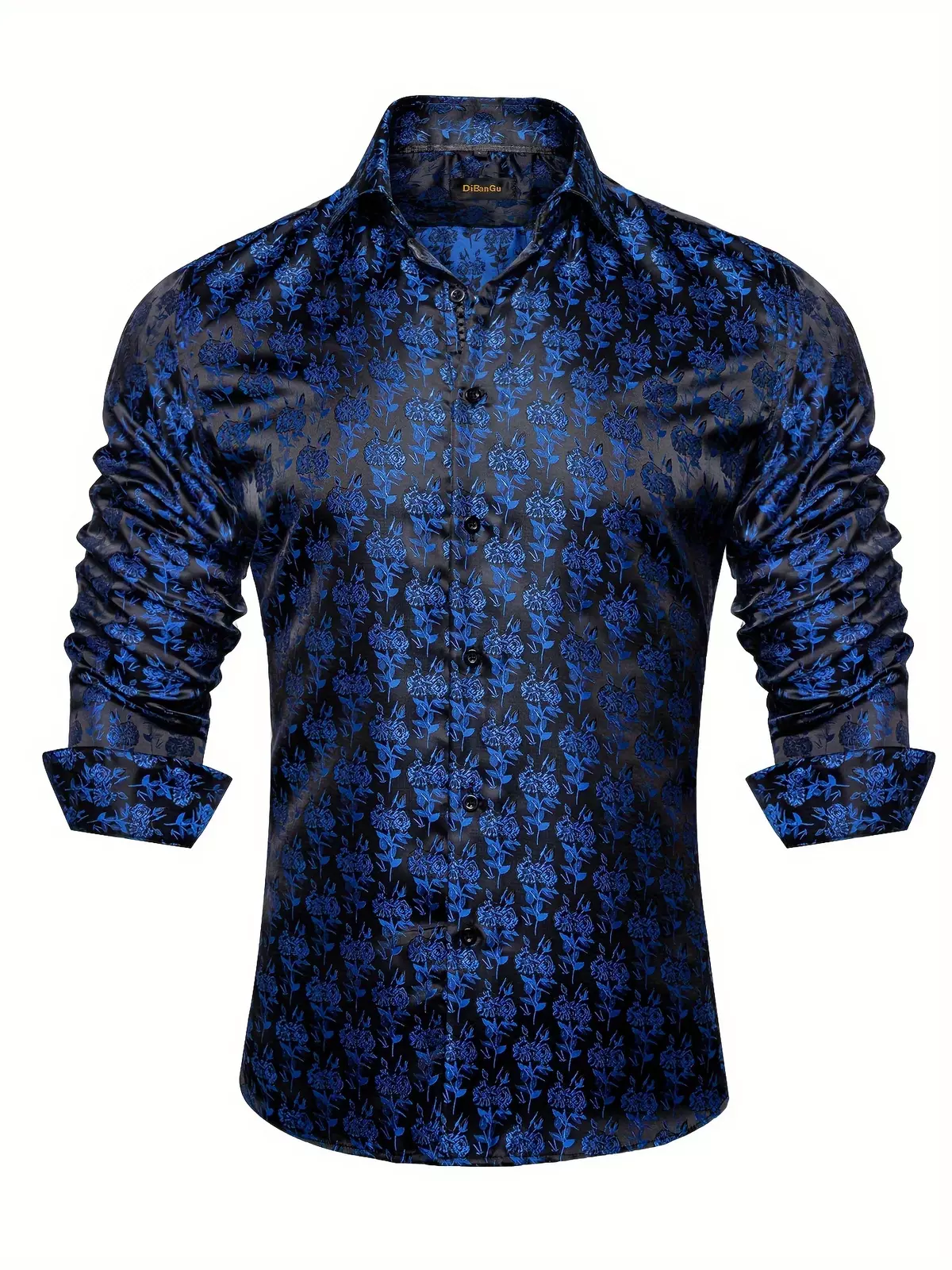 Men's Royal Blue Jacquard Design Long Sleeve Button Lapel Shirts For Business Banquet Wedding Party