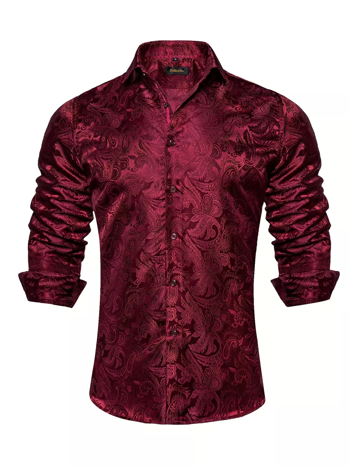 Men's Red Jacquard Design Long Sleeve Button Lapel Shirts For Business Banquet Wedding Party